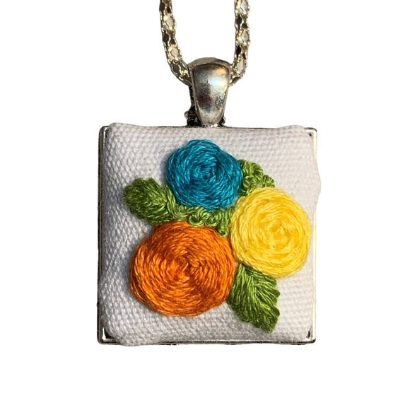 Wild Rose Embroidered Necklace in Square Bezel - Handmade - Picture 1 of 5